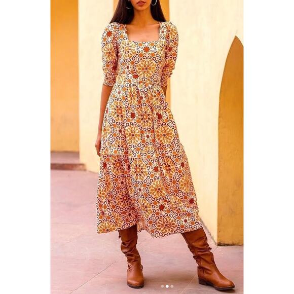 Beyond by Vera Rust Pietra Dura Block Print Midi Cotton Fall Tie Waist Dress - Picture 1 of 12